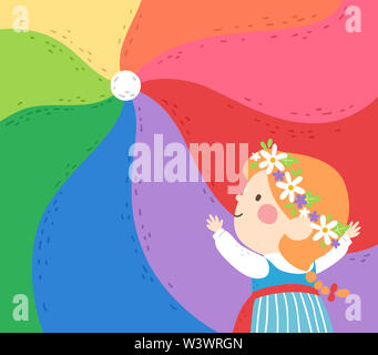 Illustration of a Kid Girl Wearing Floral Headdress with a Rainbow Umbrella Parachute for Midsummer Festival Stock Photo