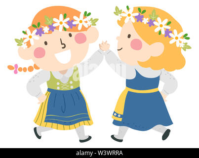 Illustration of Kids Girls Wearing Floral Headdress Dancing During the Midsummer Festival Stock Photo