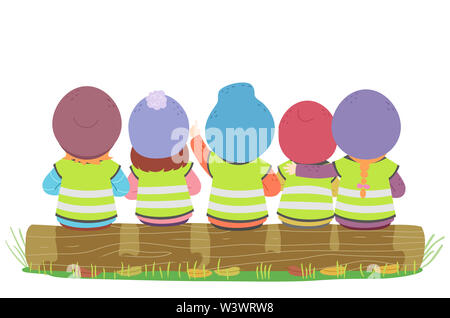 Illustration of the Back of Kids Sitting Down on a Log Bench with One Kid Pointing at Something Stock Photo