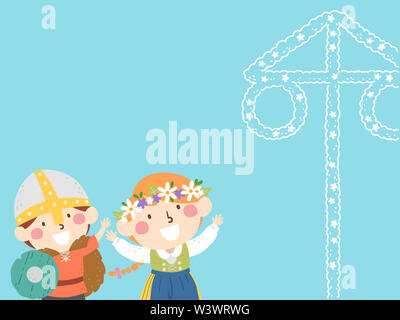 Illustration of Kids Wearing Viking Costume and Floral Headdress Looking at a Maypole Stock Photo