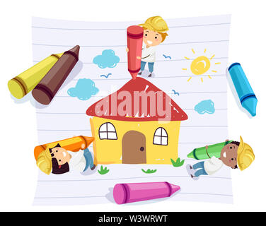 Illustration of Stickman Kids Wearing Yellow Construction Hard Hat and Coloring a House Drawing Stock Photo