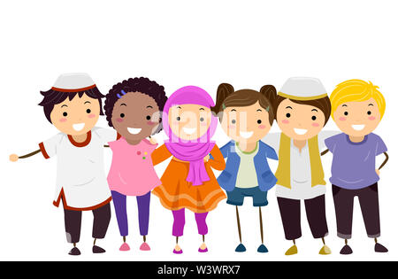 Illustration of Stickman Kids with Some Kids Wearing Hijab and Taqiyah Stock Photo