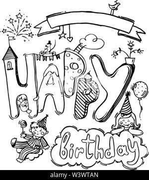 Line art vector hand-drawn Doodle cartoon set of festive objects and symbols of happy birthday. Blank for cards, invitations, tag. Vector outline illustration isolated on white. Stock Vector