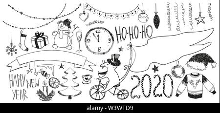 Doodle new year set. Happy New Year 2020. Objects, symbols, icons, elements, line drawing. New Year s sketch. 2020 year of the rat. Stock vector illustration. Stock Vector