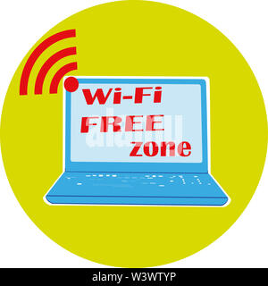 Flat drawing of a laptop. Sign, symbol of free wi-fi. Illustration Stock Photo