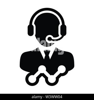 Technical support icon vector male data customer service person profile avatar with headphone and line graph for online assistant in glyph pictogram Stock Vector