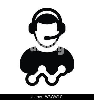 Support icon vector male customer care data service person profile avatar with headphone and line graph for online assistant in glyph pictogram Stock Vector