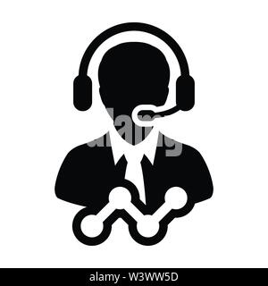 Business support icon vector male customer care data service person profile avatar with headphone and line graph for online assistant Stock Vector