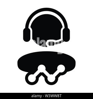 Analytics icon vector male customer data support person profile avatar with headphone and line graph for online assistant in glyph pictogram Stock Vector