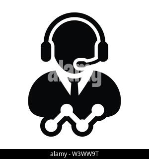 Customer service icon vector male data support person profile avatar with headphone and line graph for online assistant in glyph pictogram Stock Vector