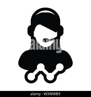 Hotline icon vector female data customer support service person profile avatar with headphone and line graph for online assistant in glyph pictogram Stock Vector