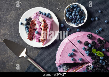 festive cake, blueberry and blackberry sponge cake with cream cheese inside on a plate on a concrete table, horizontal view from above, close-up Stock Photo