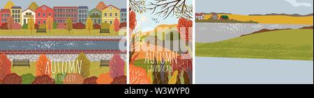 Autumn landscape. Set of vector illustration of nature background with city, village, forest and trees. Freehand drawing Stock Vector
