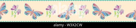 Modern hand drawn butterflies and flowers border. Seamless vector pattern on scalloped pastel stripe with blue background. Great for wellness, beauty Stock Vector