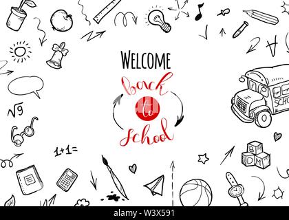 Back to school Background. Banner with texture from line art icons of education, science objects and office supplies on the white background Stock Vector