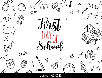 Back to school Background. Banner with texture from line art icons of education, science objects and office supplies on the white background Stock Vector