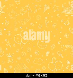 Cute vector unicorns and rainbow seamless pattern - hand drawn kawaii style illustration with imaginary horse from children fairytale. Ink sketch with Stock Vector