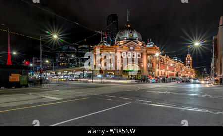 Beautiful night view of Flinders Street and Railway Station, Melbourne, Australia Stock Photo