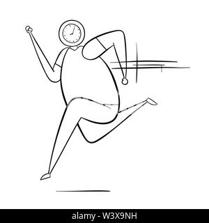 Man with clock head and running, hand-drawn vector illustration. Black outlines and white. Stock Vector