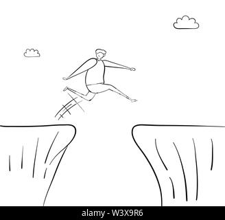 Man jumping over abyss, hand-drawn vector illustration. Black outlines and white. Stock Vector