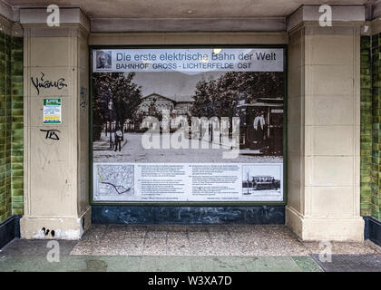 Berlin-Lichterfelde Ost railway station interior passage with picture of first electric tram. Historic listed building Stock Photo