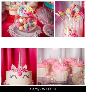 Collage with unicorn sweets for a party. Stock Photo