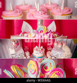 Collage with unicorn sweets for a party. Stock Photo