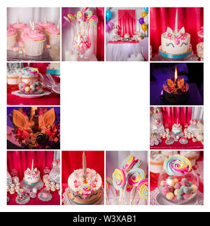 Collage with unicorn sweets for a party. Stock Photo