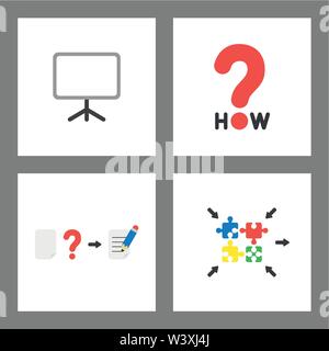 Vector icon concept set. Presentation chart, how word and question mark, writing on paper and puzzle pieces connecting. Stock Vector