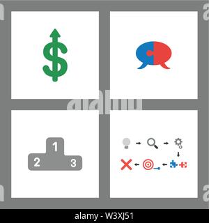 Vector icon concept set. Dollar up, puzzle speech bubble, winners podium and unsuccess. Stock Vector