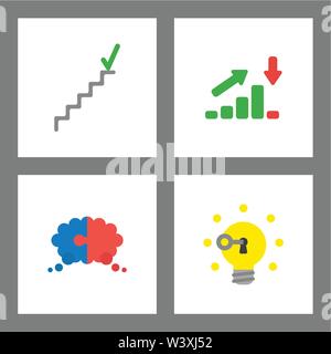 Vector icon concept set. Check mark at top of stairs, sales chart up and down, thought bubble puzzle, key unlock light bulb idea. Stock Vector