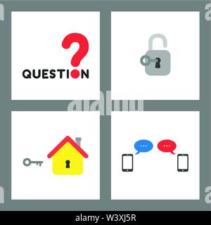 Vector icon concept set. Question word and mark, key unlock padlock, house with keyhole and key, smartphones and speech bubbles. Stock Vector
