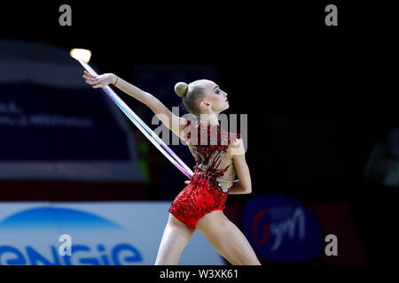 Viktoriie Onopriienko from Ukraine performs her hoop routine during 2019 Grand Prix de Thiais Stock Photo