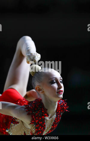 Viktoriie Onopriienko from Ukraine performs her hoop routine during 2019 Grand Prix de Thiais Stock Photo