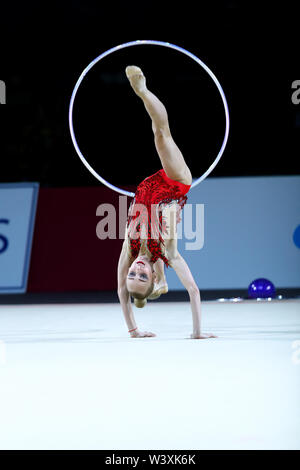 Viktoriie Onopriienko from Ukraine performs her hoop routine during 2019 Grand Prix de Thiais Stock Photo