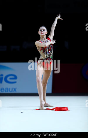 Daria Trubnikova from Russia performs her ribbon routine during 2019 Grand Prix de Thiais Stock Photo