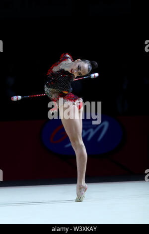 Irina Annenkova from Russia performs her clubs routine during 2019 Grand Prix de Thiais Stock Photo