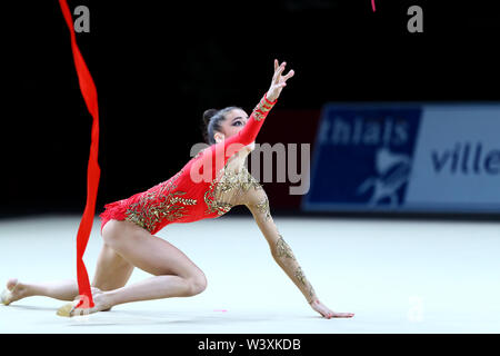 Yeva Meleshchuk from Ukraine performs her ribbon routine during 2019 Grand Prix de Thiais Stock Photo