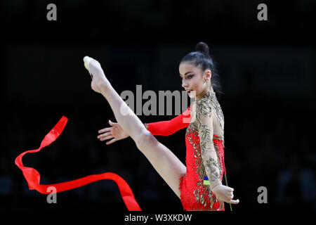 Yeva Meleshchuk from Ukraine performs her ribbon routine during 2019 Grand Prix de Thiais Stock Photo