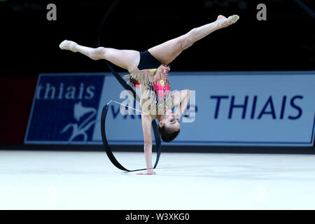 Zohra Aghamirova from Azerbaijan performs her ribbon routine during 2019 Grand Prix de Thiais Stock Photo