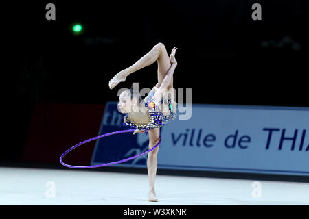 Anastasia Guzenkova from Russia performs her hoop routine during 2019 Grand Prix de Thiais Stock Photo