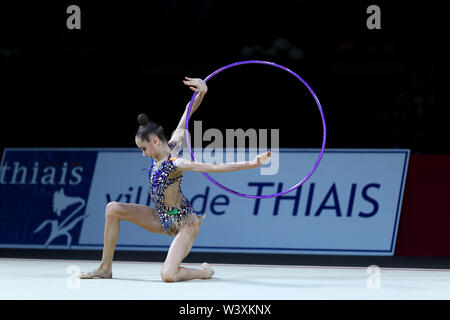 Anastasia Guzenkova from Russia performs her hoop routine during 2019 Grand Prix de Thiais Stock Photo