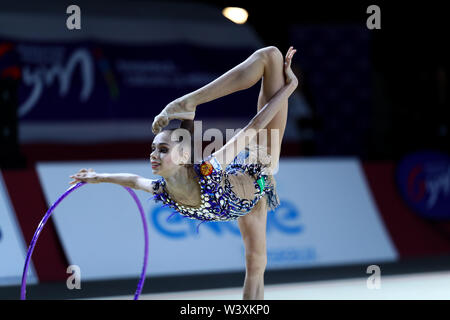 Anastasia Guzenkova from Russia performs her hoop routine during 2019 Grand Prix de Thiais Stock Photo