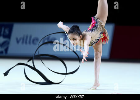 Zohra Aghamirova from Azerbaijan performs her ribbon routine during 2019 Grand Prix de Thiais Stock Photo