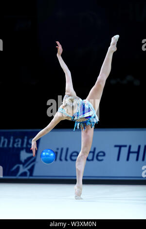 Kseniya Moustafaeva from France performs her ball routine  during 2019 Grand Prix de Thiais Stock Photo