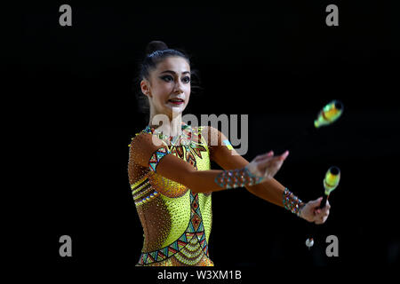 Yeva Meleshchuk from Ukraine performs her clubs routine during 2019 Grand Prix de Thiais Stock Photo