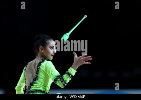Zohra Aghamirova from Azerbaijan performs her clubs routine during 2019 Grand Prix de Thiais Stock Photo