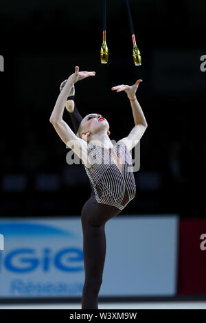 Viktoriie Onopriienko from Ukraine performs her clubs routine during 2019 Grand Prix de Thiais Stock Photo