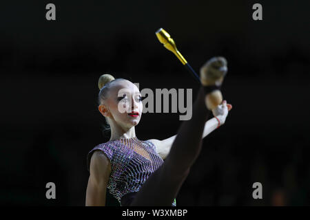 Viktoriie Onopriienko from Ukraine performs her clubs routine during 2019 Grand Prix de Thiais Stock Photo