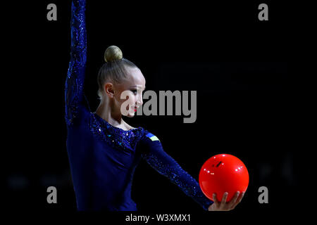 Viktoriie Onopriienko from Ukraine performs her ball routine during 2019 Grand Prix de Thiais Stock Photo